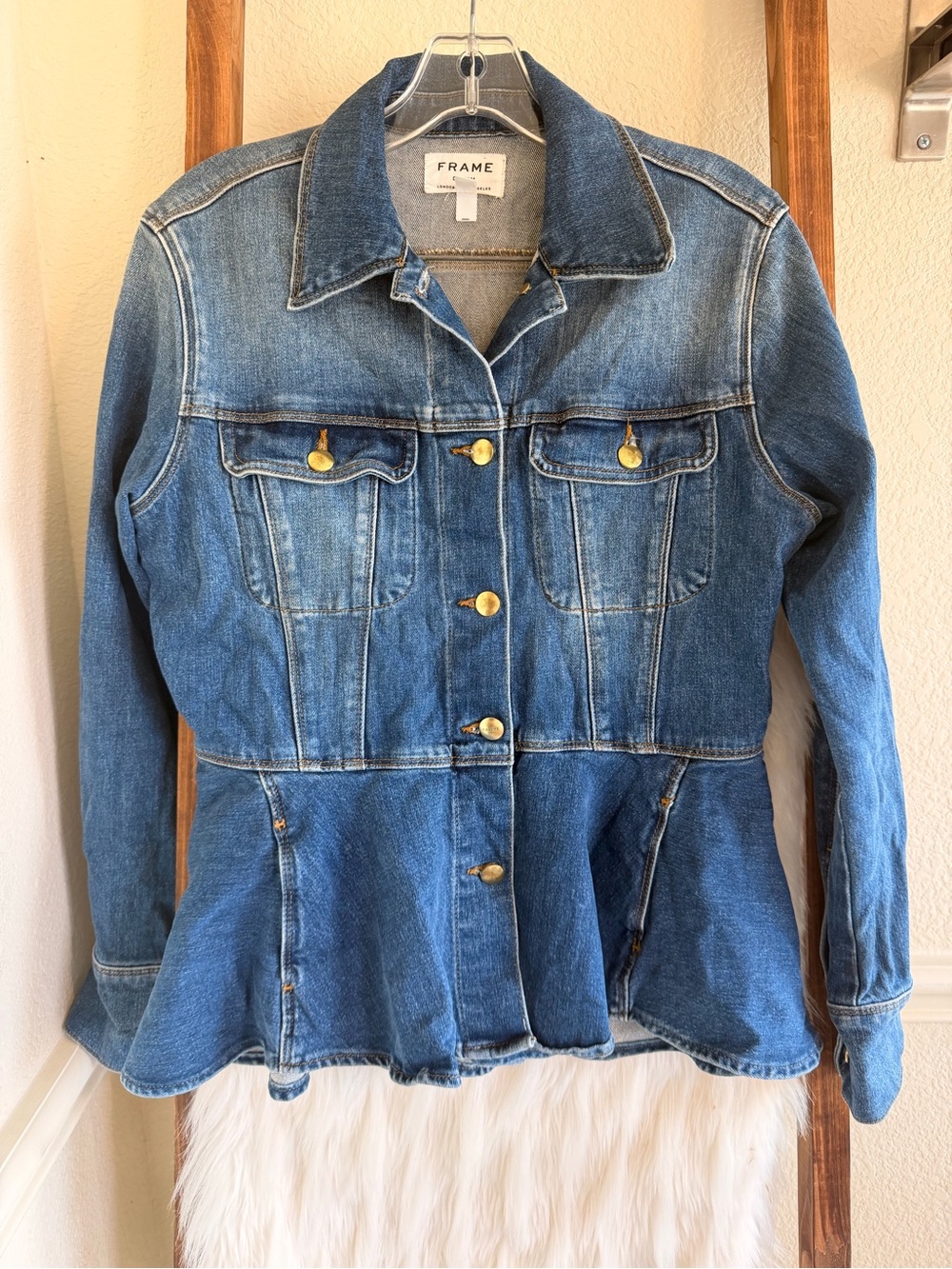 FRAME Peplum Denim Jacket Blue Button Front Women’s Size Medium